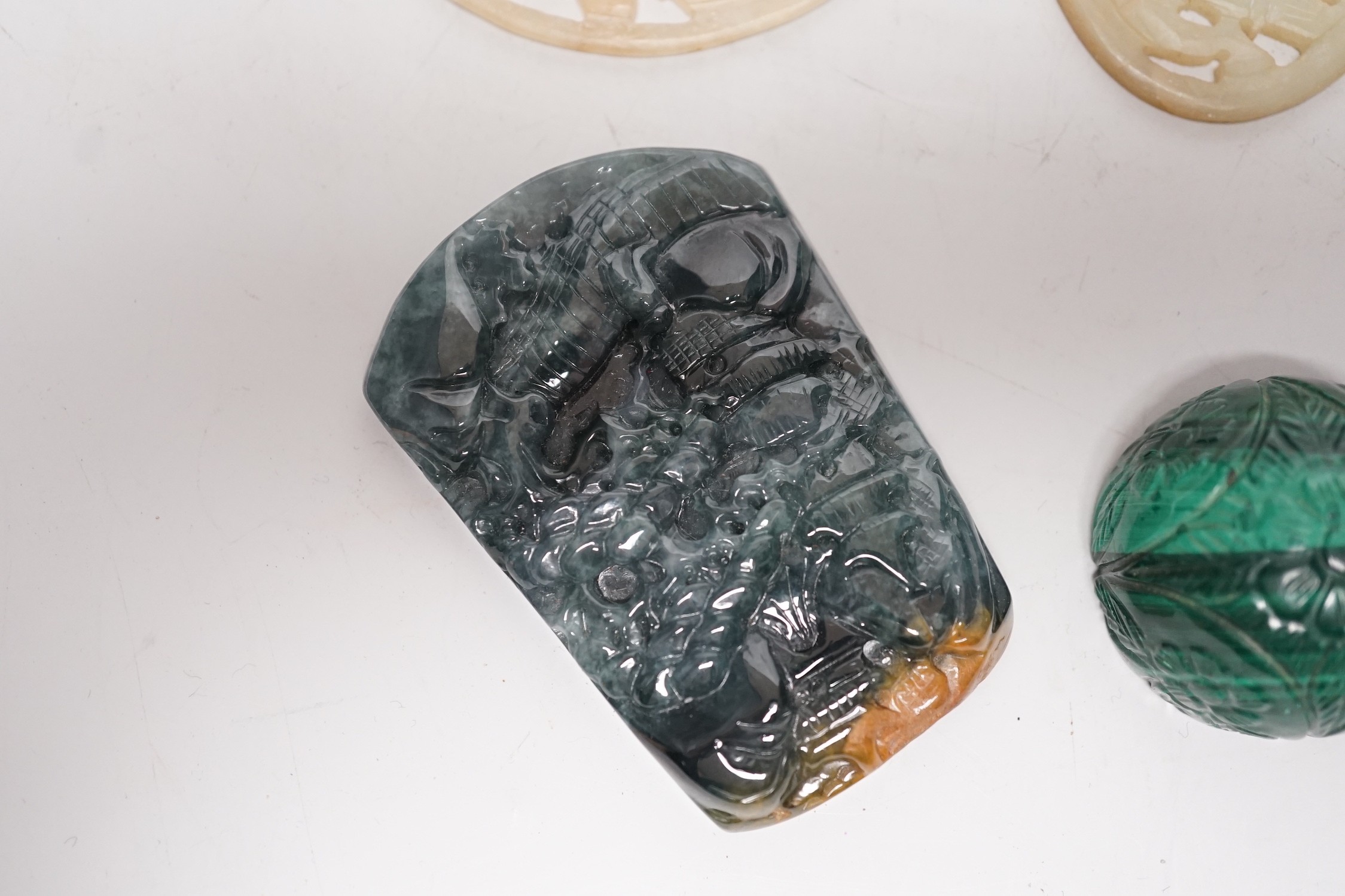 Two Chinese jadeite carvings, two pierce hardstone plaques and a malachite carving (5)